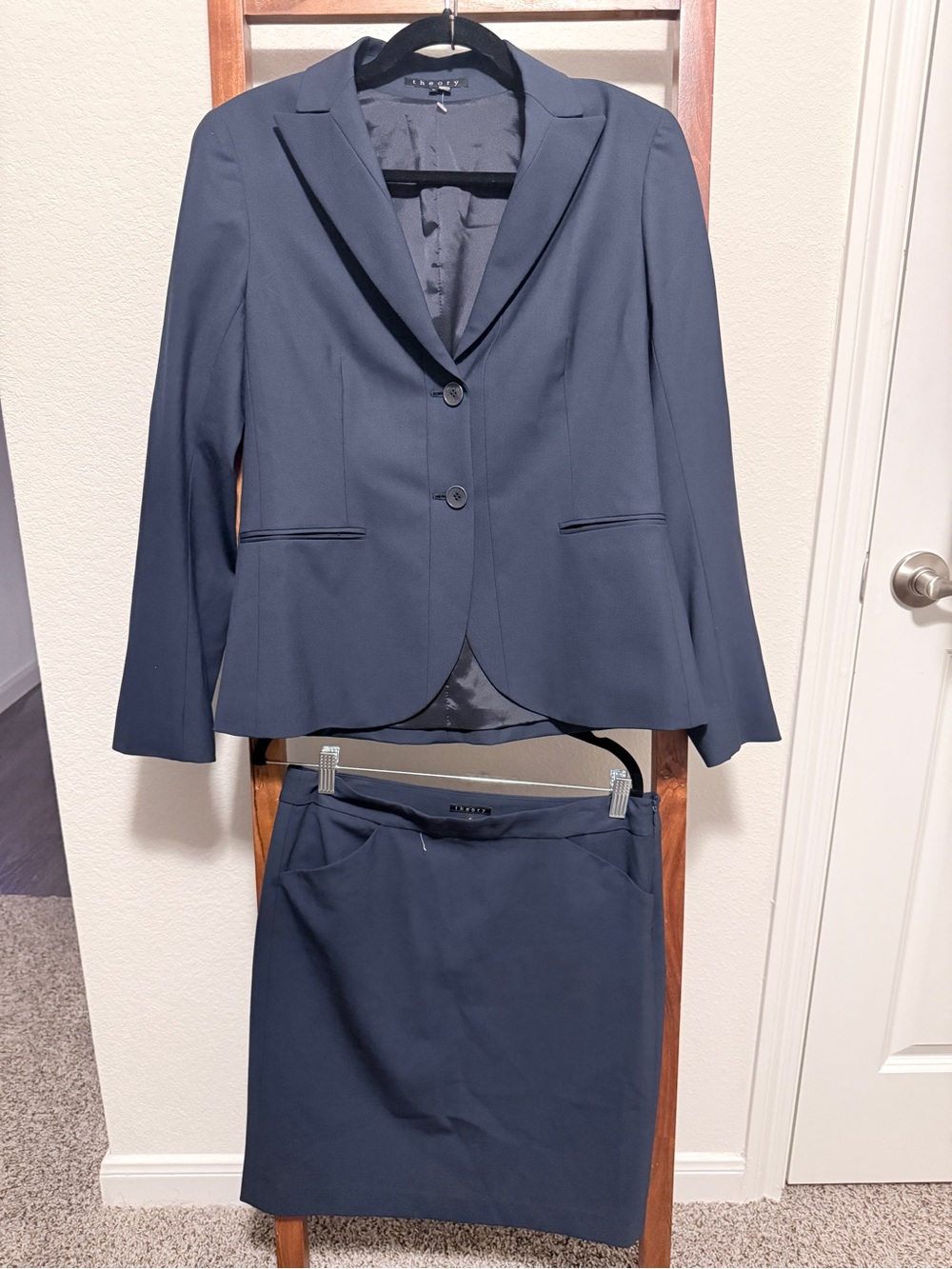 Theory Neela Tailor Navy Wool Stretch Skirt Suit Blazer & Pencil Skirt Set 6/10
